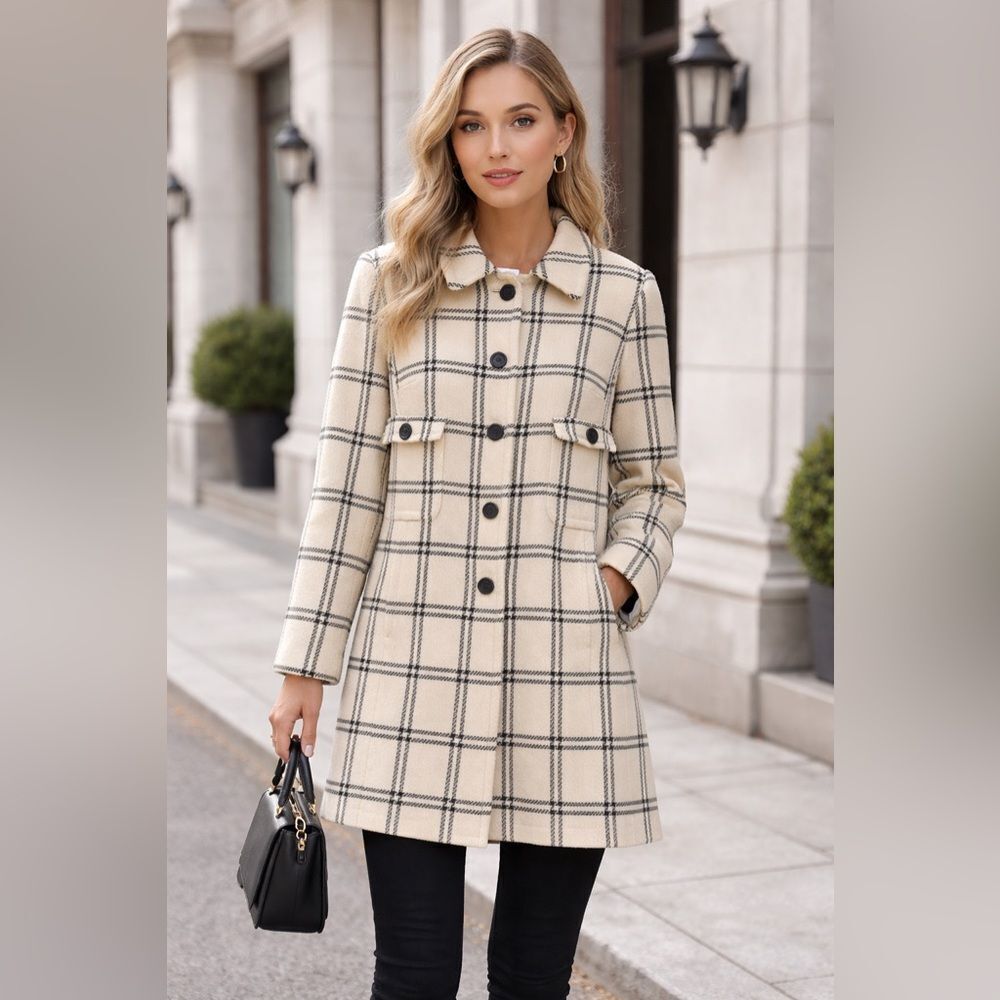 LOFT by Ann Taylor Women's Cream & Black Plaid Wool Blend Pea Coat Size 10